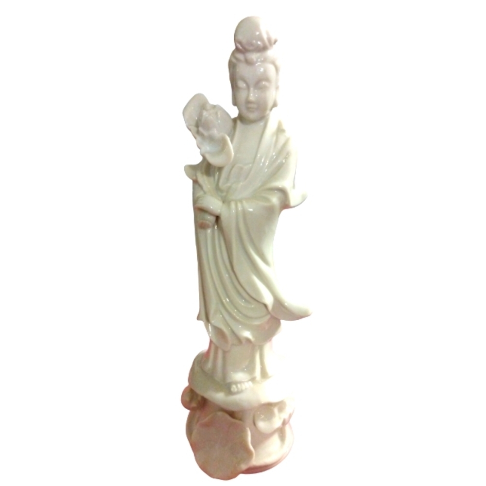 Kwan Yin Guan Yin Goddess w. Lotus Flower Porcelain Figurine Spiritual Art